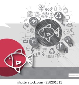Paper and hand drawn fish emblem with icons background. Vector illustration