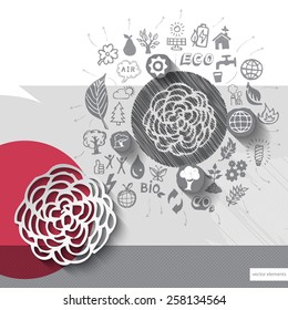 Paper and hand drawn flower emblem with icons background. Vector illustration