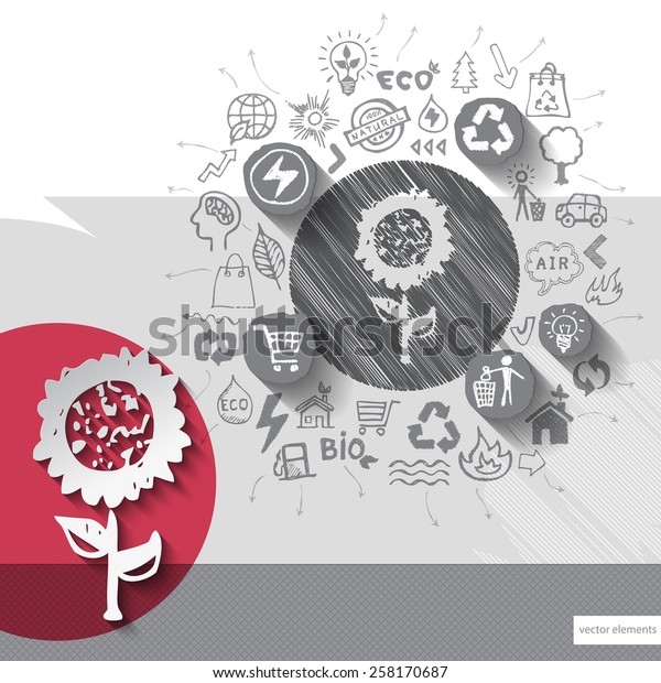Paper and hand drawn flower emblem with\
icons background. Vector\
illustration