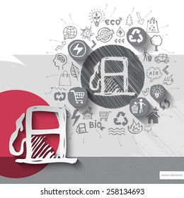 Paper and hand drawn fuel station emblem with icons background. Vector illustration
