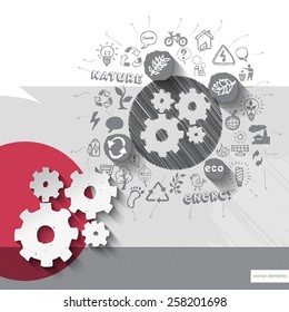 Paper and hand drawn gear emblem with icons background. Vector illustration