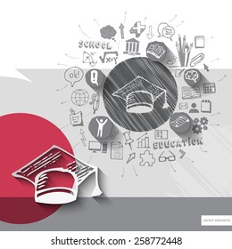 Paper and hand drawn graduation emblem with icons background. Vector illustration