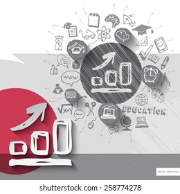 Paper and hand drawn graphic diagram emblem with icons background. Vector illustration