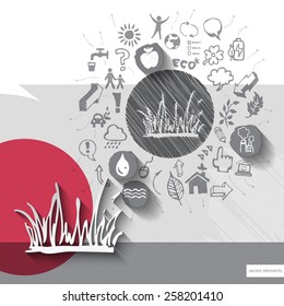Paper and hand drawn grass emblem with icons background. Vector illustration