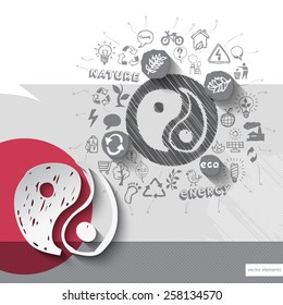 Paper and hand drawn harmony emblem with icons background. Vector illustration