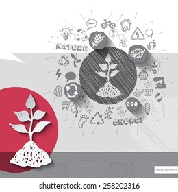 Paper and hand drawn herb emblem with icons background. Vector illustration