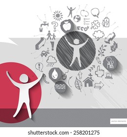 Paper and hand drawn human emblem with icons background. Vector illustration