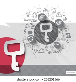 Paper and hand drawn key emblem with icons background. Vector illustration