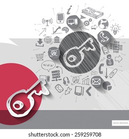 Paper and hand drawn key emblem with icons background. Vector illustration