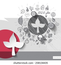 Paper and hand drawn leaf emblem with icons background. Vector illustration