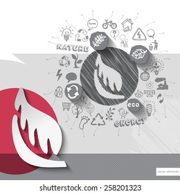 Paper and hand drawn leaf emblem with icons background. Vector illustration