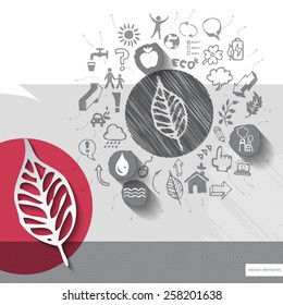 Paper and hand drawn leaf emblem with icons background. Vector illustration