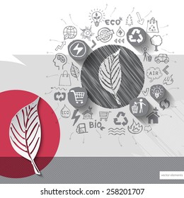 Paper and hand drawn leaf emblem with icons background. Vector illustration
