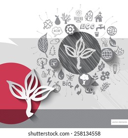 Paper and hand drawn leaves emblem with icons background. Vector illustration