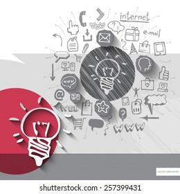 Paper and hand drawn lightbulb emblem with icons background. Vector illustration