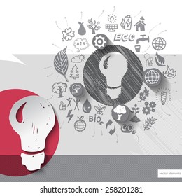 Paper and hand drawn lightbulb emblem with icons background. Vector illustration