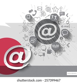 Paper and hand drawn mail emblem with icons background. Vector illustration