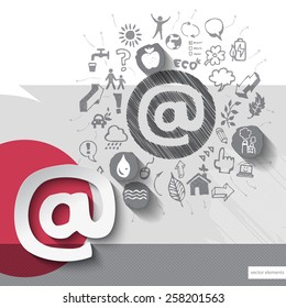 Paper and hand drawn mail emblem with icons background. Vector illustration