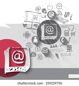 Paper and hand drawn mail emblem with icons background. Vector illustration
