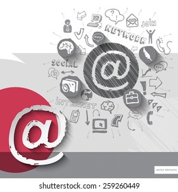 Paper and hand drawn mail emblem with icons background. Vector illustration