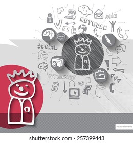 Paper and hand drawn man emblem with icons background. Vector illustration