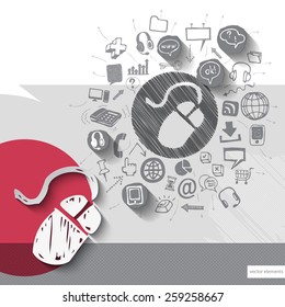 Paper and hand drawn mouse emblem with icons background. Vector illustration