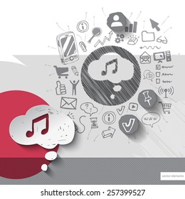 Paper and hand drawn music note emblem with icons background. Vector illustration