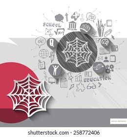 Paper and hand drawn net emblem with icons background. Vector illustration