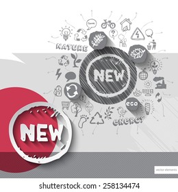 Paper and hand drawn new emblem with icons background. Vector illustration