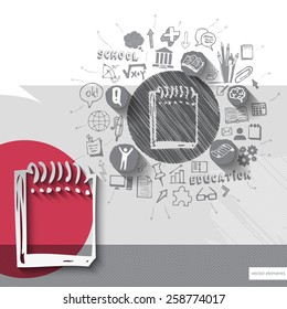 Paper and hand drawn notebook emblem with icons background. Vector illustration