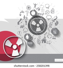 Paper and hand drawn nuclear power emblem with icons background. Vector illustration