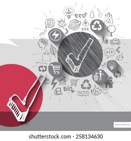 Paper and hand drawn ok check emblem with icons background. Vector illustration