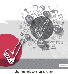 Paper and hand drawn ok check emblem with icons background. Vector illustration
