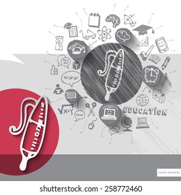 Paper and hand drawn pen emblem with icons background. Vector illustration