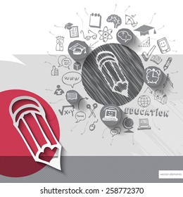 Paper and hand drawn pencil emblem with icons background. Vector illustration