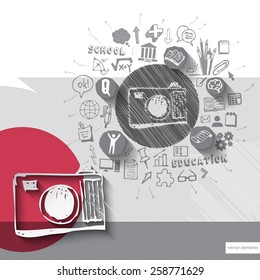 Paper and hand drawn photo camera emblem with icons background. Vector illustration
