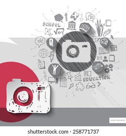 Paper and hand drawn photo camera emblem with icons background. Vector illustration