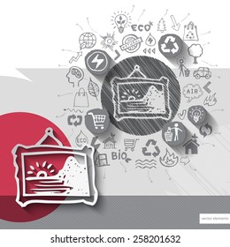 Paper and hand drawn picture emblem with icons background. Vector illustration