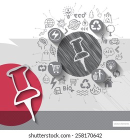 Paper and hand drawn pin emblem with icons background. Vector illustration