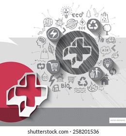 Paper and hand drawn plus emblem with icons background. Vector illustration