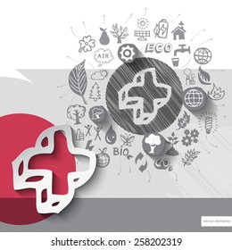 Paper and hand drawn plus emblem with icons background. Vector illustration