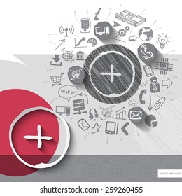 Paper and hand drawn plus emblem with icons background. Vector illustration