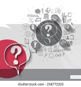 Paper and hand drawn question mark emblem with icons background. Vector illustration