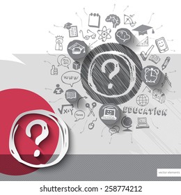 Paper and hand drawn question mark emblem with icons background. Vector illustration