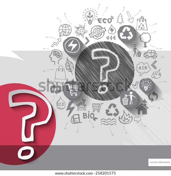 Paper and hand drawn question mark emblem\
with icons background. Vector\
illustration