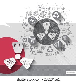 Paper and hand drawn radioactivity emblem with icons background. Vector illustration