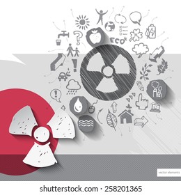 Paper and hand drawn radioactivity emblem with icons background. Vector illustration