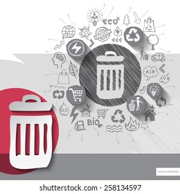 Paper and hand drawn recycle bin emblem with icons background. Vector illustration