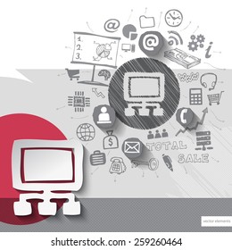 Paper and hand drawn server emblem with icons background. Vector illustration