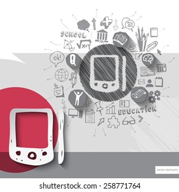 Paper and hand drawn smartphone emblem with icons background. Vector illustration